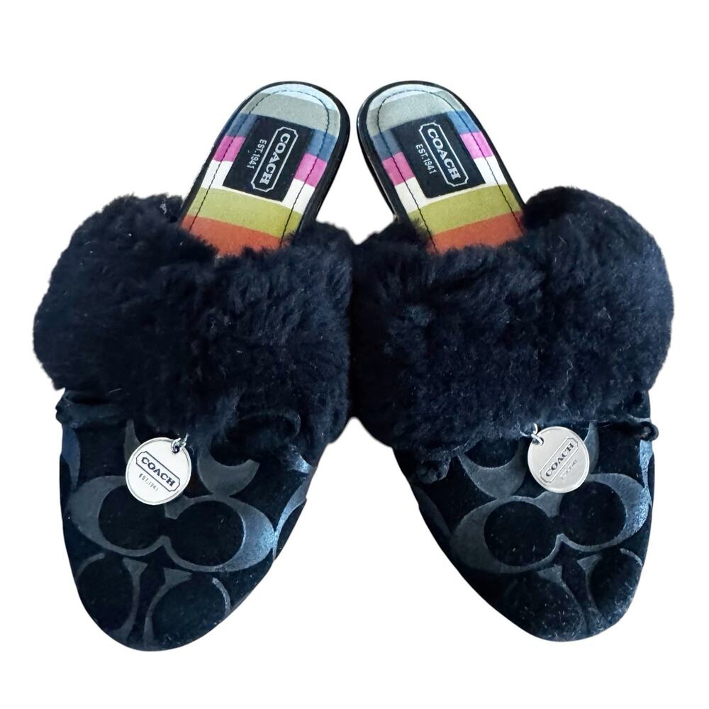 Coach Carra Black Logo Furry Slippers Size 6B